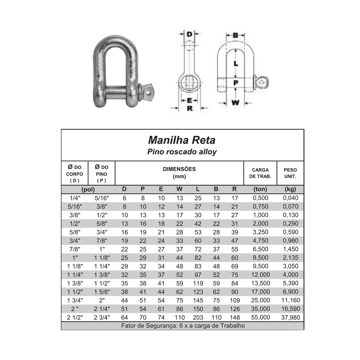 MANILHA RETA 5/8" 3.25 TON G210 C/ PINO ROSCADO