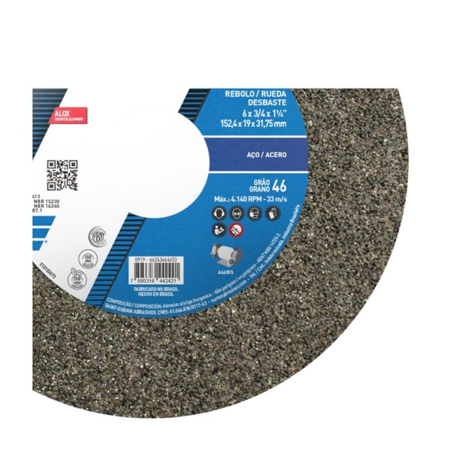 REBOLO RETO GRÃO  46 6" X 3/4" A46 USO GERAL DISFLEX