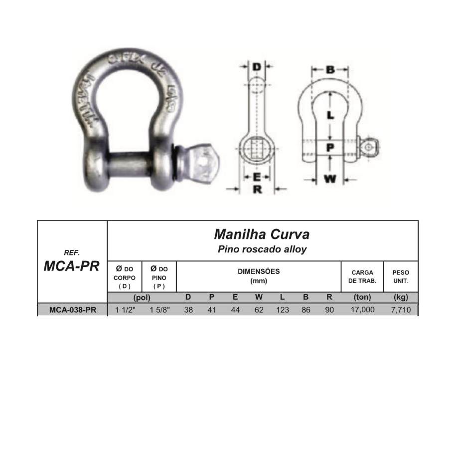 MANILHA CURVA 1.1/2" 17 TON C/ PINO ROSCADO